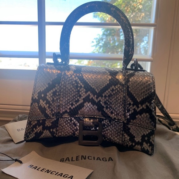 Balenciaga XS Hourglass snakeskin leather top handle bag in black and silver - Picture 1 of 8